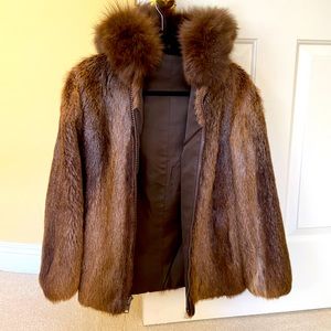 Genuine Nutria fur jacket with Fox trimmed hood